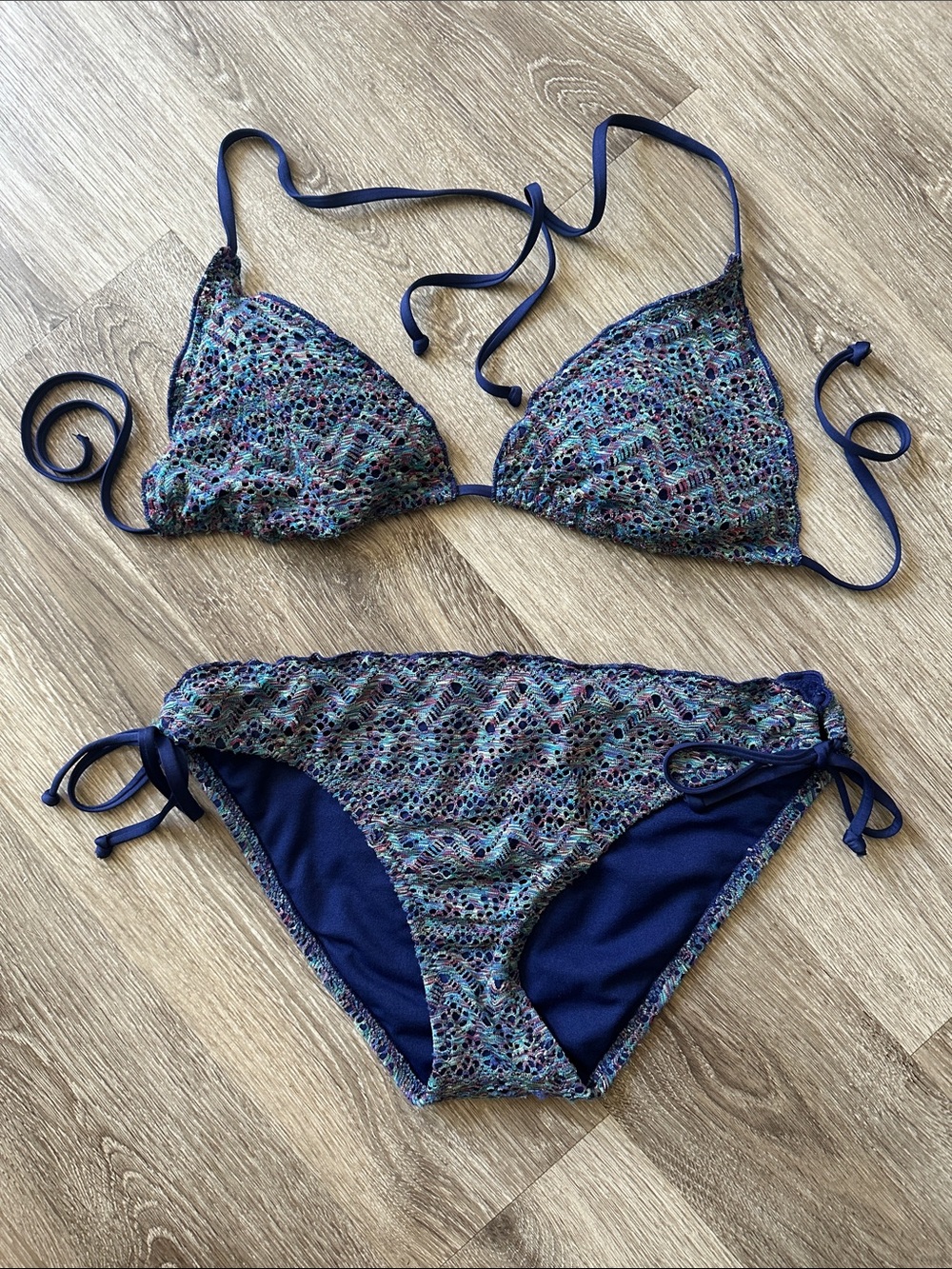 Navy Blue Crochet-Accent Bikini Top